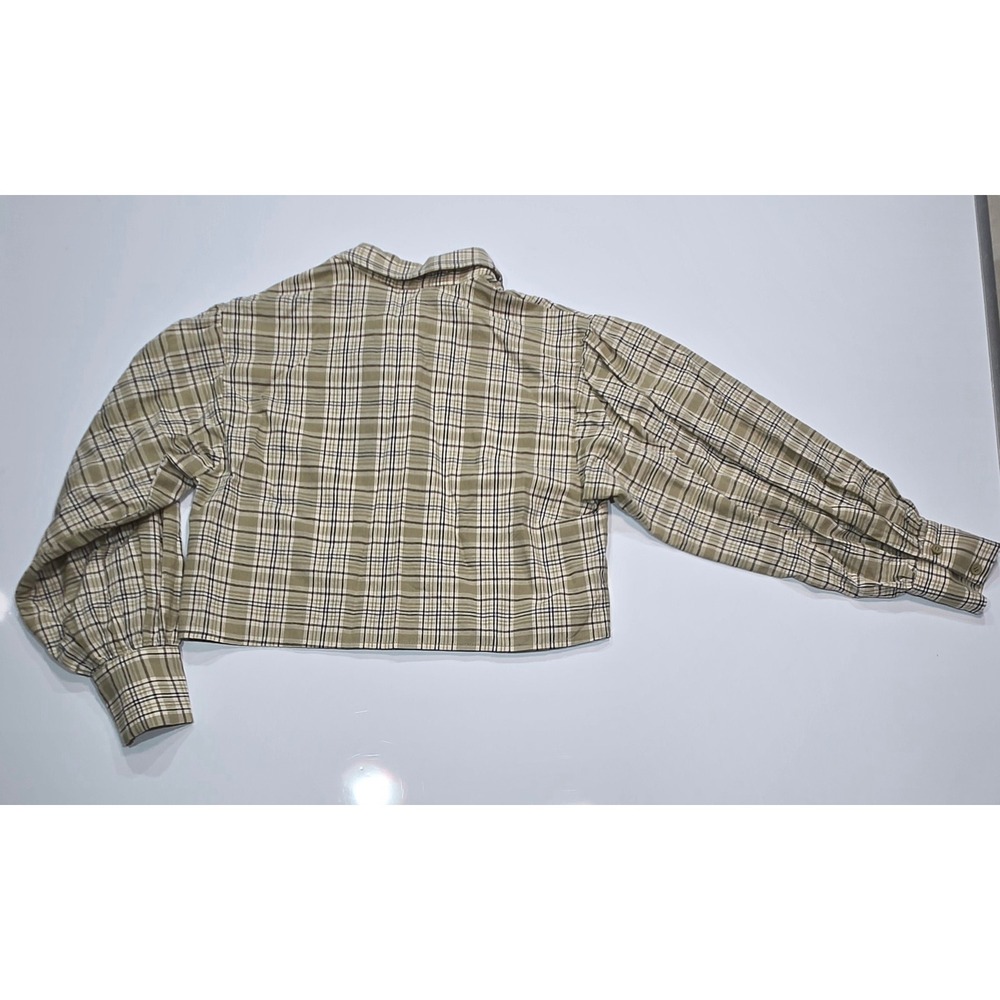 Sans Souci Womens Cropped Plaid Button Down Shirt Olive Green Puff Sleeve Small - Picture 2 of 8